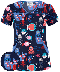 UA Sea Paparazzi Dove 4 Pocket Print Scrub Top