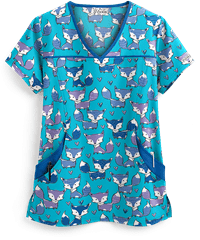 UA Best Buy Scrubs Foxy Fun Turquoise Women's 4-Pocket Princess Seam Print Top