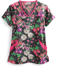 UA Garden Paradise Black Printed Women's 4-Pocket Princess Seam Scrub Top