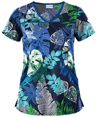 UA Best Buy Scrubs Jungle Fronds Navy Women's 4-Pocket Princess Seam Print Top