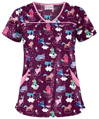 UA Kittycorn Skies Wine Women's 4-Pocket Princess Seam Printed Scrub Top
