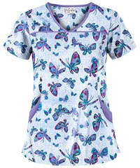 UA Butterfly Dance White Printed Women's 4-Pocket Princess Seam Scrub Top