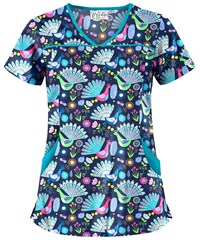 UA Fabulous Peacocks Navy Women's 4-Pocket Princess Seam Printed Scrub Top