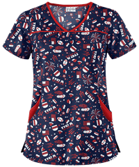 UA Best Buy Scrubs Party in the USA Navy Women's 4-Pocket Princess Seam Print Top