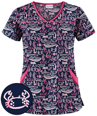 UA Best Buy Scrubs Tropical Oasis Navy Women's 4-Pocket Princess Seam Print Top