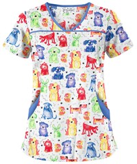 UA Playful Doggies White Printed Women's 4-Pocket Princess Seam Scrub Top