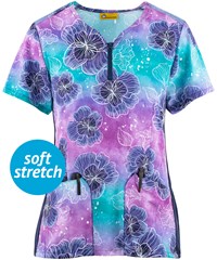 Wonder Wink Lilac Dreams Women's 3-Pocket Quarter Zip Notch Neck Print Scrub Top
