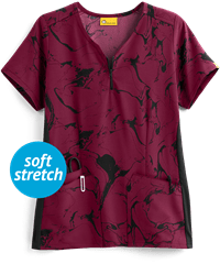 WonderWink Marbeled Merlot Women's 3-Pocket Quarter Zip Notch Neck Print Scrub Top 