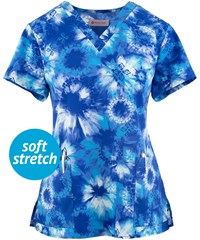 White Cross Batik Tie Dye Women's 2-Pocket STRETCH V-Neck Print Scrub Top
