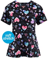 White Cross Heart Mix Women's 2-Pocket STRETCH V-Neck Print Scrub Top