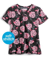 White Cross Flamingo Velour Women's 2-Pocket V-Neck Print Scrub Top