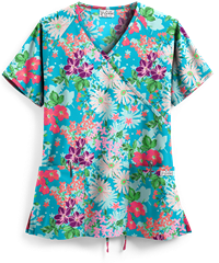UA Best Buy Scrubs Garden Paradise Turquoise Women's 2-Pocket Mock Wrap Print Top