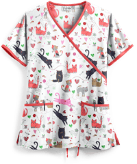 UA Best Buy Scrubs Purfect Kitties White Printed Women's 2-Pocket Mock Wrap Top