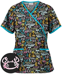 UA Best Buy Scrubs Tropical Oasis Black Printed Women's 2-Pocket Mock Wrap Top