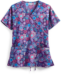 UA Best Buy Scrubs Whimsical Floral Eggplant Women's 2-Pocket Mock Wrap Print Top