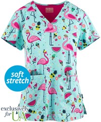 UA Exclusive Zavate Ava Therese Let's Flamingle Women's 2-Pocket V-Neck Print Scrub Top