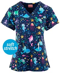 Zavate Ava Therese Splish Splash Women's 2-Pocket V-Neck Print Scrub Top