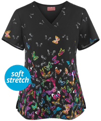 Zavate Ava Therese Vibrant Flutter Women's 2-Pocket V-Neck Print Scrub Top