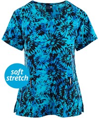 Zoe & Chloe Far Out Tie Dye Blue Women's 2-Pocket V-Neck Print Scrub Top
