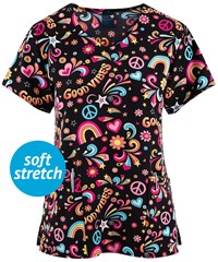 Zoe & Chloe Good Vibes Women's 2-Pocket V-Neck Print Scrub Top