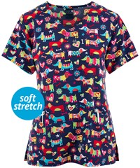 Zoe & Chloe Happy Hot Doggy Women's 2-Pocket V-Neck Print Scrub Top 