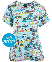 Zoe & Chloe Pool Party Women's 2-Pocket STRETCH V-Neck Print Scrub Top
