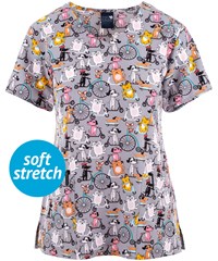 Zoe & Chloe Pedal Pets Women's 2-Pocket STRETCH V-Neck Print Scrub Top