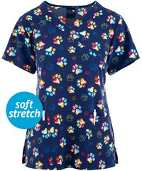 Zoe & Chloe Pawcentric Women's 2-Pocket STRETCH Mock Wrap Print Scrub Top 