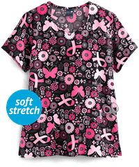 Zoe & Chloe Butterflies and Bows Women's 2-Pocket Diamond Neck Print Scrub Top