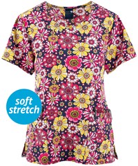 Zoe & Chloe Groovy Floral Women's 2-Pocket Diamond-Neck Print Scrub Top 