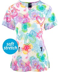 Zoe & Chloe Heart Ties Women's 2-Pocket STRETCH Notch Neck Print Scrub Top