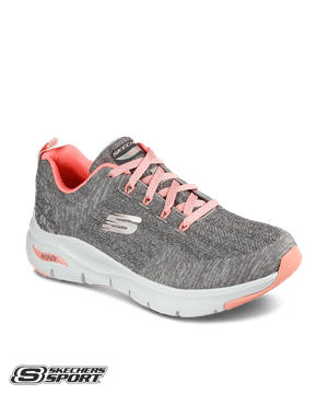 Skechers Gray Knit/ Pink Trim Arch Fit Comfy Wave Women's Lace Up Athletic Nursing Shoes