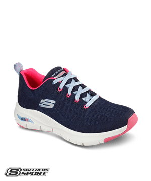 Skechers Navy Knit/ Hot Pink Trim Arch Fit Comfy Wave Women's Lace Up Athletic Nursing Shoes