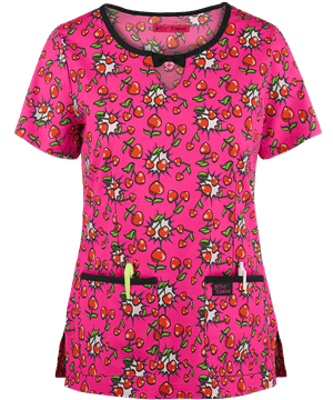 Betsey Johnson Cherry Heart Pow Print Scrub Top