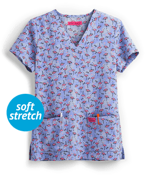 Betsey Johnson Tropical Flamingo Bell Women's 2-Pocket V-Neck Print Scrub Top