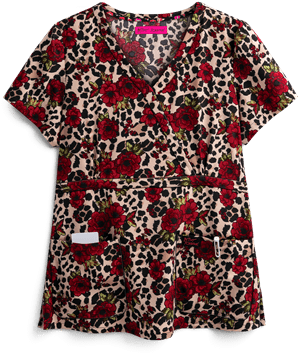 Betsey Johnson Floral Cheetah Calla Women's 2-Pocket Mock Wrap Print Scrub Top