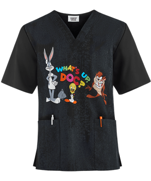Cherokee Tooniforms Looney Tunes House Call Men's 2-Pocket V-Neck Print Scrub Top