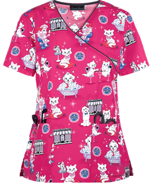 Cherokee Beauty Paw-lor Women's 2-Pocket Mock Wrap Print Scrub Top