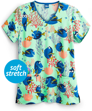 Cherokee Tooniforms Disney Dory State of Mind Pixar Women's 3-Pocket V-Neck Print Scrub Top