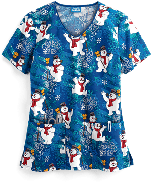 Cherokee Tooniforms Frosty the Snow Man Snowflake Frosty Women's 3-Pocket V-Neck Print Scrub Top