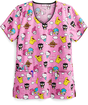 Cherokee Tooniforms Hello Kitty Hello Sanrio Town Women's 3-Pocket V-Neck Print Scrub Top