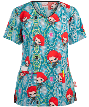 Cherokee Tooniforms Marvel AKA Black Widow Women's 3-Pocket V-Neck Print Scrub Top