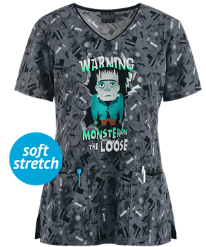 Cherokee Tooniforms Universal Studios Monster Warning Women's 3-Pocket V-Neck Print Scrub Top