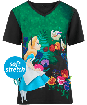 Cherokee Tooniforms Disney Wonderland Alice Women's 1-Pocket V-Neck Print Scrub Top