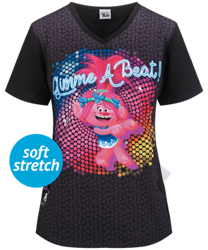 Cherokee Tooniforms Trolls Gimme A Beat Women's 1-Pocket V-Neck Print Scrub Top