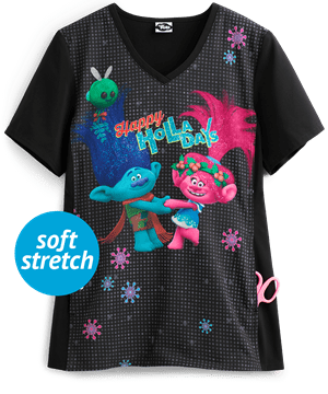 Cherokee Tooniforms DreamWorks Troll Holla Days Women's 1-Pocket V-Neck Print Scrub Top