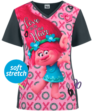 Cherokee Tooniforms Dreamworks Trolls Love is in the Hair Women's 1-Pocket V-Neck Print Scrub Top