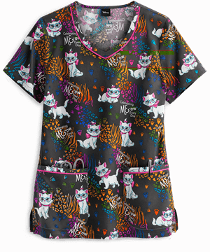 Cherokee Tooniforms Disney Celebrating Meow Women's 2-Pocket V-Neck Print Scrub Top