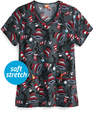 Cherokee Tooniforms Dr. Seuss Here Comes Trouble Women's 2-Pocket V-Neck Print Scrub Top