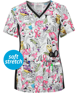 Cherokee iflex Owl Be In The Garden Women's 3-Pocket V-Neck STRETCH Print Scrub Top 